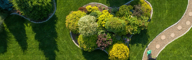 Aerial view of a well-maintained garden with curved pathways and diverse ornamental trees and shrubs