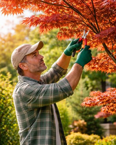 Hand Pruning for Ornamental Maple Health - MARTIN'S TREE SERVICE INC. A man in a flannel shirt and gloves using hand shears to carefully prune the vibrant orange leaves of a Japanese Maple.