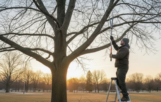 Winter Structural Pruning of a Large Maple - MARTIN'S TREE SERVICE INC. A man on a ladder using long-reach pole pruners to trim the branches of a large, leafless maple tree at sunset.
