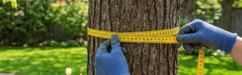 A close-up of a person in blue work gloves using a yellow measuring tape to determine the circumference of a tree trunk in a sunny backyard.