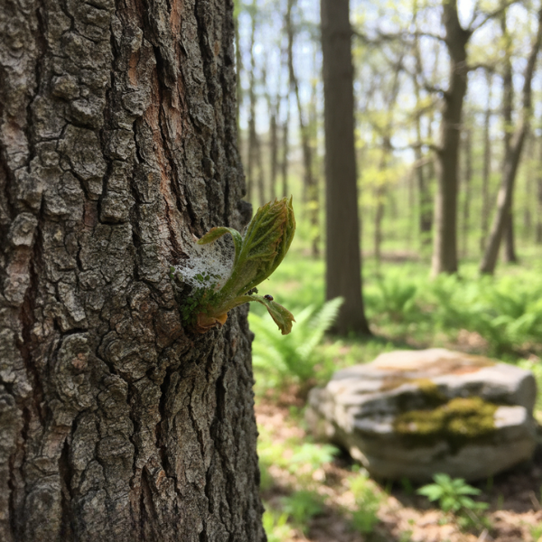 Close-up of a young green leaf bud sprouting from the bark of a tree in a forest backdrop.