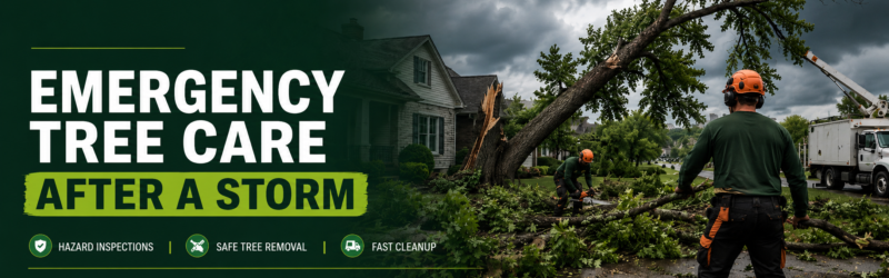 Emergency tree care after a storm: workers cutting a fallen tree in a residential street; banner reads 'Emergency Tree Care After a Storm'.