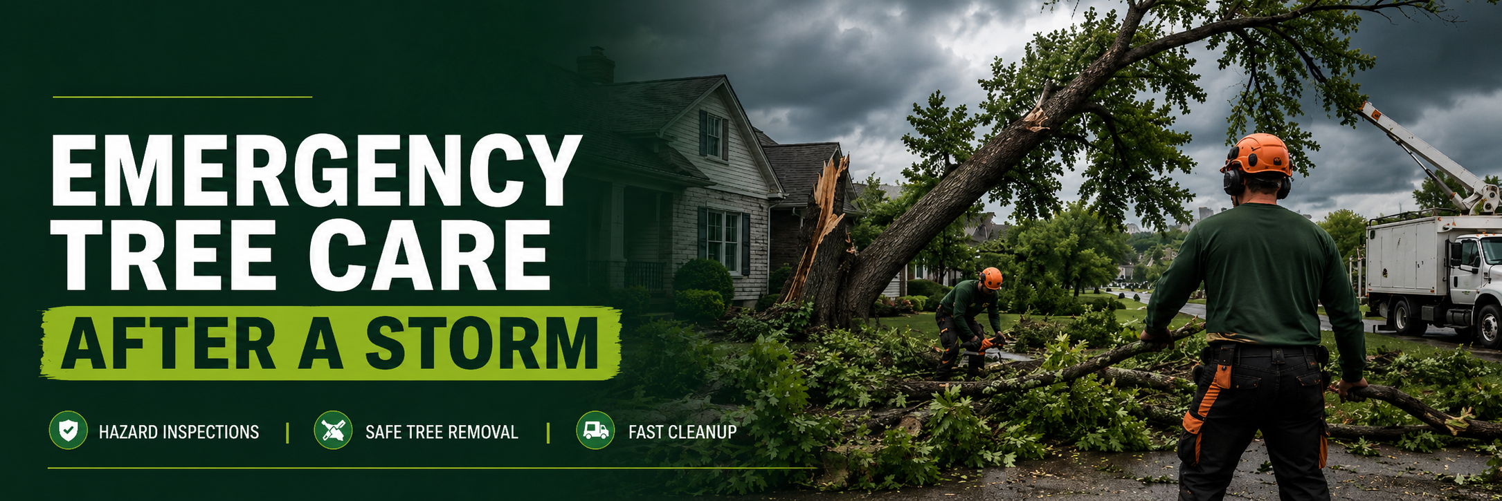 Emergency Tree Care_ How to Handle Storm Damage Quickly and Safely - MARTIN'S TREE SERVICE INC. Emergency tree care after a storm: workers cutting a fallen tree in a residential street; banner reads'Emergency Tree Care After a Storm'.