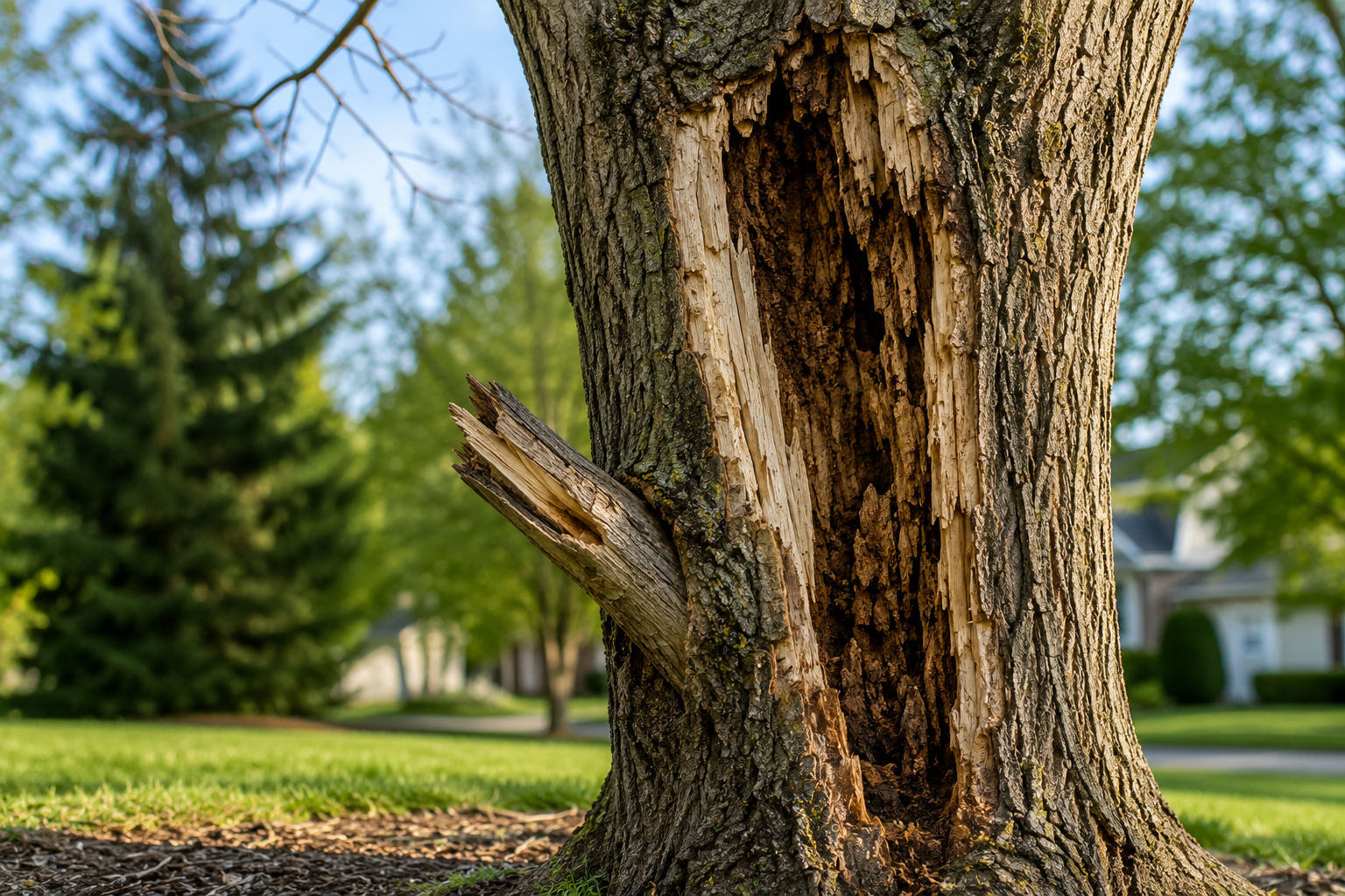 Large tree trunk with a split, broken limb and hollow at its base in a grassy park setting nearby houses