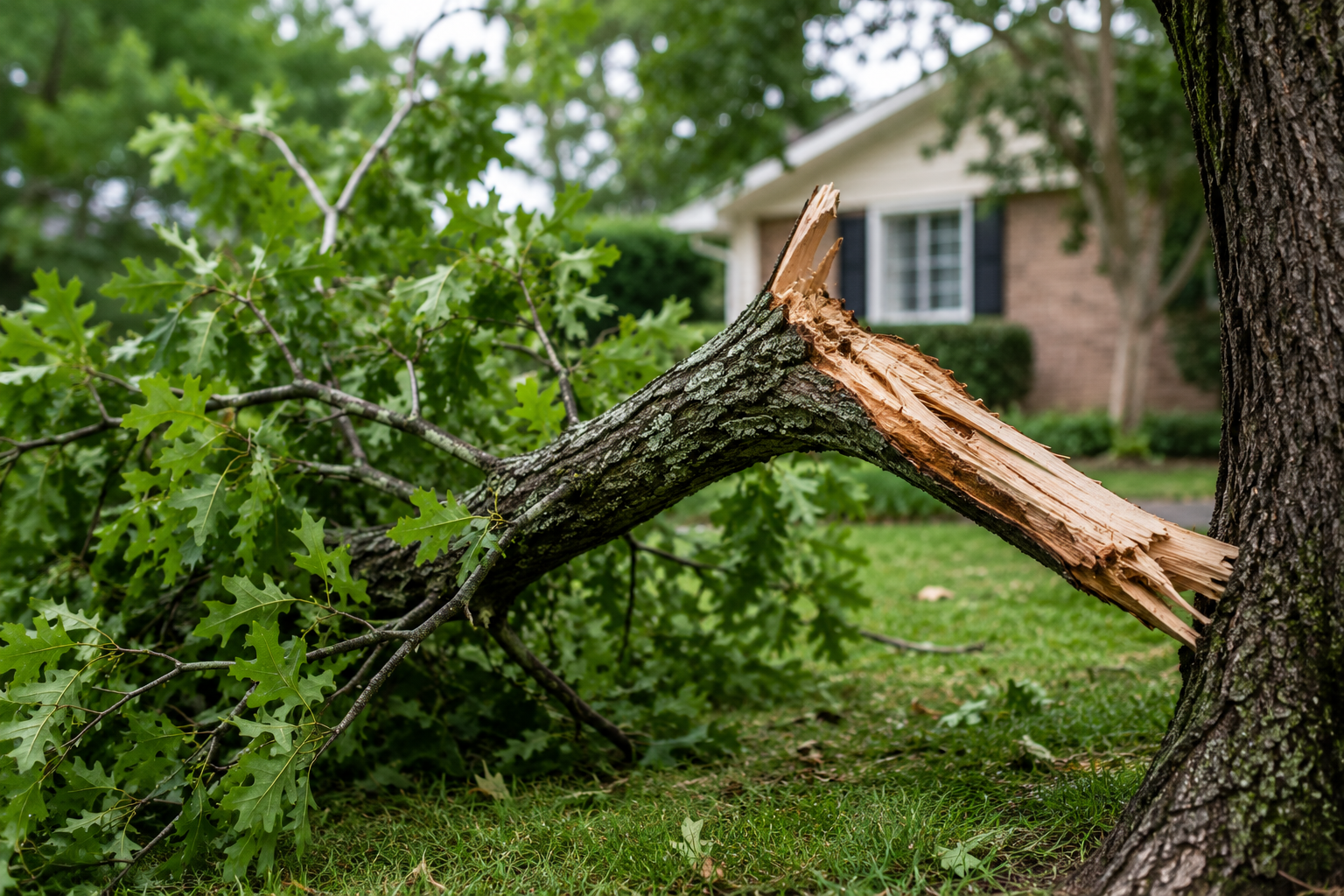 Split, splintered tree limb leaning across a green lawn with a suburban house in the background.