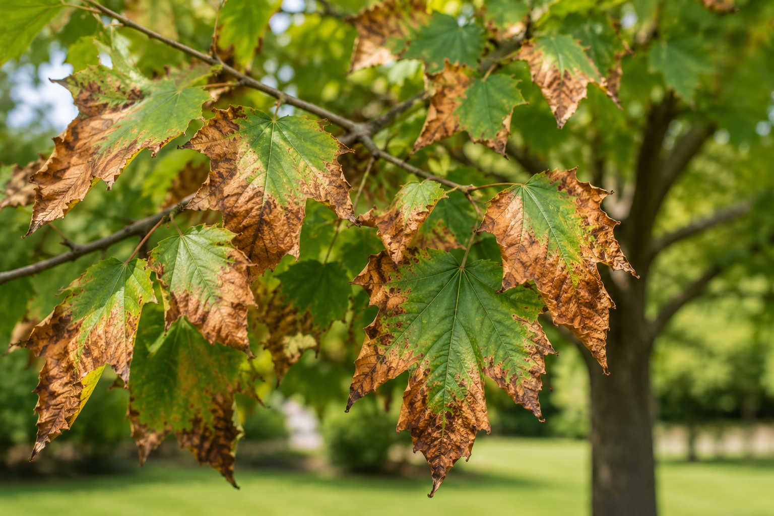 Green maple leaves turning brown at the edges on a sunlit branch in a park.