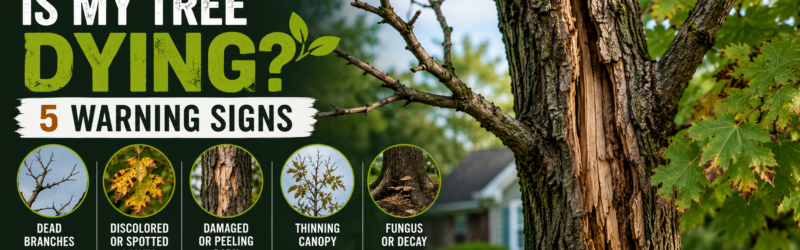 Infographic banner about tree health: five warning signs—dead branches, discolored leaves, peeling or damaged bark, thinning canopy, and fungus or decay.