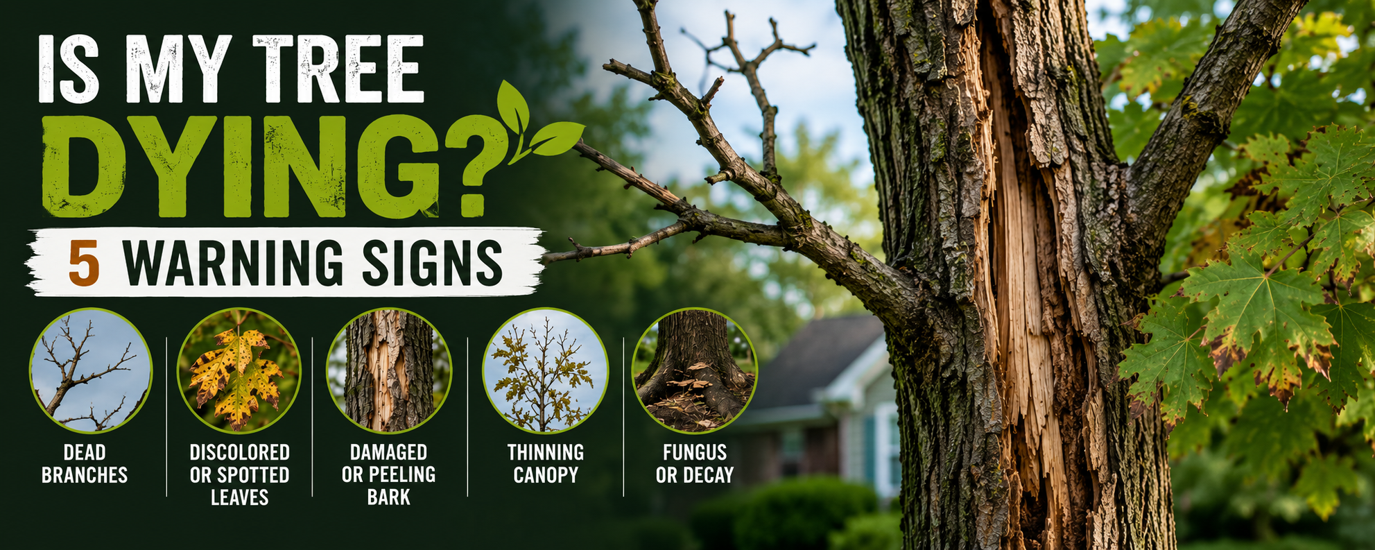 Infographic banner about tree health: five warning signs—dead branches, discolored leaves, peeling or damaged bark, thinning canopy, and fungus or decay.