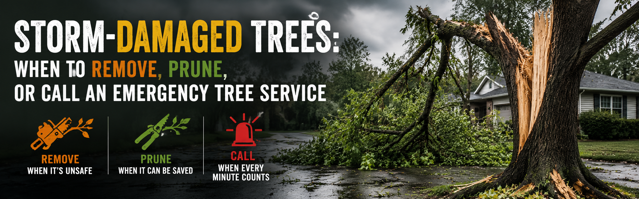 Informational banner about storm-damaged trees: remove unsafe, prune salvable, or call emergency service; broken tree in a suburban yard.