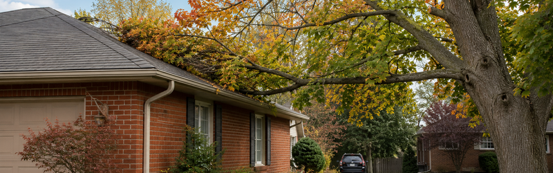 Branches Hanging Over Your Roof or Driveway_ Why Fall Is the Right Time to Fix Hazardous Trees - MARTIN'S TREE SERVICE INC. Brick single-story house with attached garage on a tree-lined street; large autumn tree arches over the driveway.