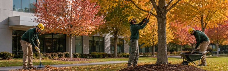 Fall Tree Maintenance Checklist for Homeowners and Commercial Properties - MARTIN'S TREE SERVICE INC. Three workers in safety helmets prune a tree and rake leaves on a campus lawn in autumn.