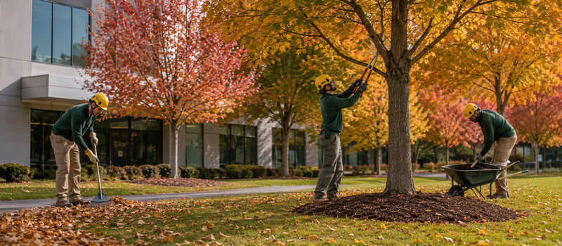 Three workers in safety helmets prune a tree and rake leaves on a campus lawn in autumn.