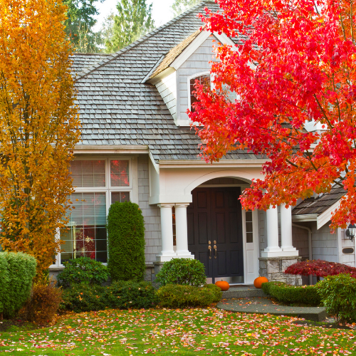 Front view of a suburban house with a dark entry door, white columns, and autumn trees with orange and red leaves; pumpkins on the porch.